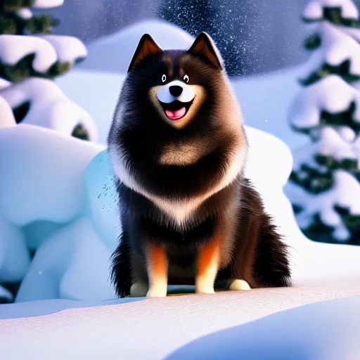 Prompt: happy finnish lapphund dog, black brown white fur, snow, trees, stream of water, pixar, disney, 4 k, animation