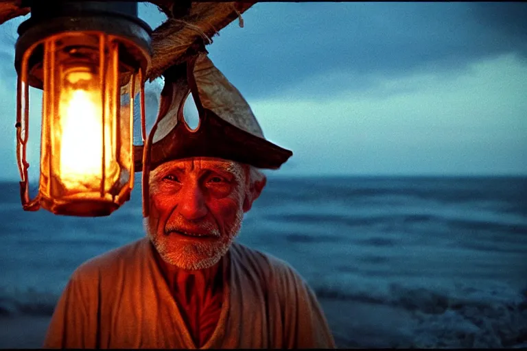 Image similar to film still of closeup old man holding up lantern by his beach hut at night. pirate ship in the ocean by emmanuel lubezki