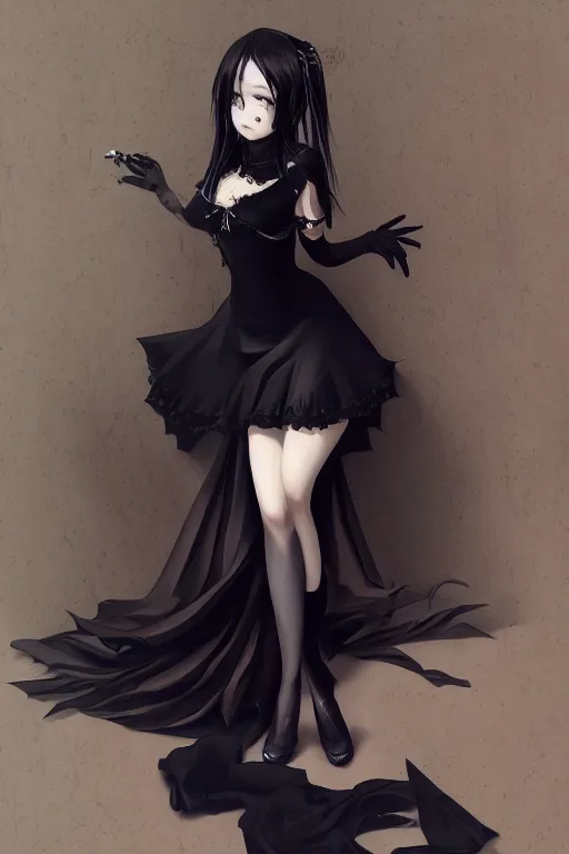 Image similar to pretty gothic lady wearing a tight black ornated dress and black stockings, fullbody art, drawn by WLOP, by Avetetsuya Studios, anime still, trending on artstation