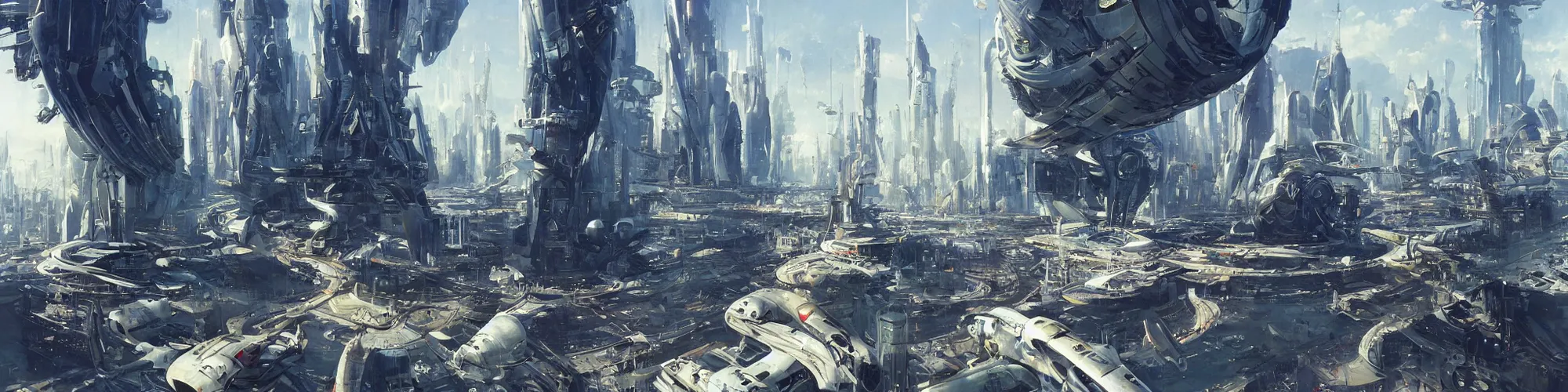 Prompt: gorgeous sci fi imagery | landing spot | futuristic | futurism | modern couple | futuristic cityscape in the background | medium angle | by john berkey, greg rutkowski, james gurney