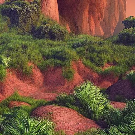 Prompt: digital art of a lush natural scene on an alien planet by lurid ( 2 0 2 2 ). beautiful landscape. weird vegetation. cliffs and water. grainy and rough. interesting colour scheme. soft warm colours. high quality render.