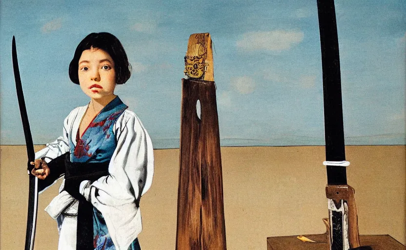 Image similar to School girl holding a katana and standing on an abandoned hospital room, by Salvador Dali