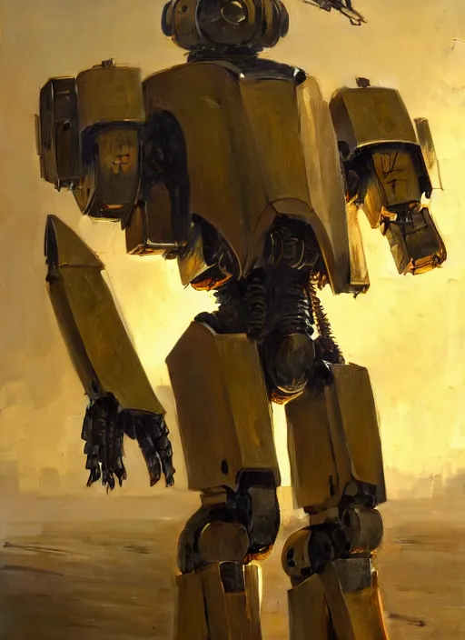 Prompt: human-sized strong intricate yellow pit droid, carrying longsword and big paladin shield, pancake head, exposed metal bones, painterly humanoid mecha, full body, sharp focus, cinematic, by Greg Rutkowski