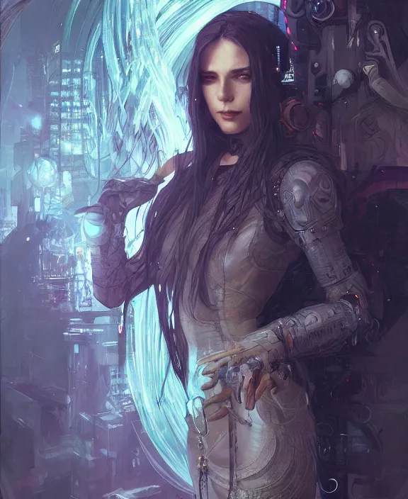 Image similar to portrait of a cyberpunk witch, half body, d & d, fantasy, intricate, elegant, highly detailed, digital painting, artstation, concept art, art by artgerm and greg rutkowski and alphonse mucha