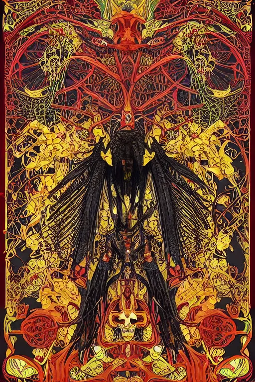 Image similar to intricate anatomical skeleton of a crow, crow skull, background consists of interwoven varities of superhot chili peppers, entanglement, -no human, bhut jolokia, carolina reaper, trinidad scorpion, voronoi, fibonacci sequence, leaves, by Moebius,Alphonse Mucha, peter mohrbacher, hiroshi yoshida, Art Nouveau, cgsociety, concept art, tweed colour scheme, psychedelic, complementary colour scheme, 3d