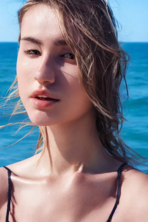 Image similar to 2 4 year old female model, wearing v - neck top, zoomed in, photo realistic, extreme detail skin, no filter, slr, golden hour, beach, 4 k, high definition, selfie
