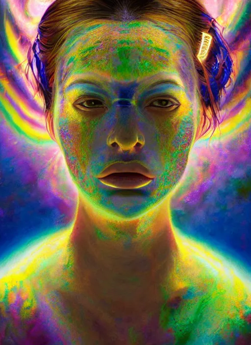 Image similar to portrait ultra dimensional cult girl shaman, accidentally tripping on dmt and acid, psychedelic experience, ascending through the fifth dimension moving at the speed of light and sitting still, ultra high definition, unreal engine 5, hyperrealism, masterpiece composition, by peter kemp, casey weldon, barclay shaw