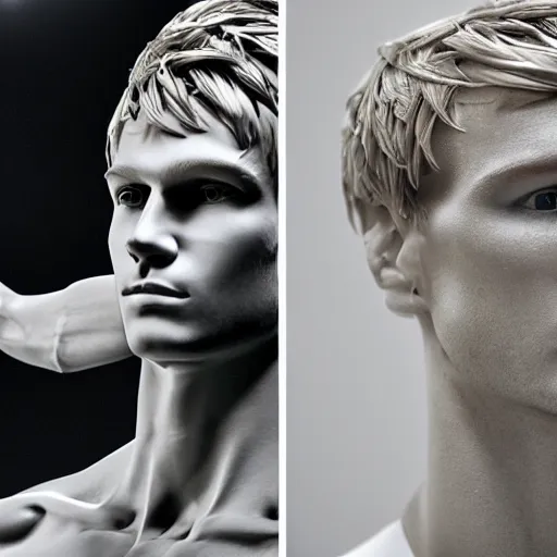 Image similar to a realistic detailed photo of a guy who is an attractive humanoid who is half robot and half humanoid, who is a male android, soccer player martin ødegaard, shiny skin, posing like a statue, blank stare, in a living room, on display