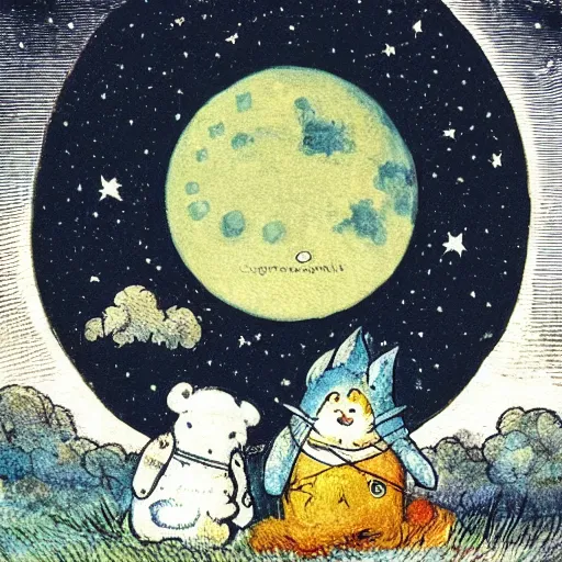 Image similar to night sky, stars, personified smiling moon prominently in the center, surrounded by clouds, landscape, illustrated by peggy fortnum and beatrix potter and sir john tenniel