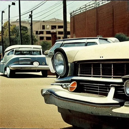 Prompt: painting of a scifi ancient civilzation, vintage car park, william eggleston