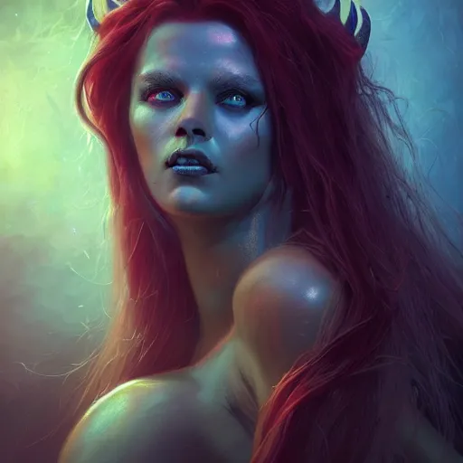 Image similar to Photorealistic demon goddess in the style of Michael Whelan and Greg Rutkowski. Hyperdetailed photorealism, 108 megapixels, amazing depth, glowing rich colors, powerful imagery, psychedelic Overtones, 3D finalrender, 3d shading, cinematic lighting, artstation concept art