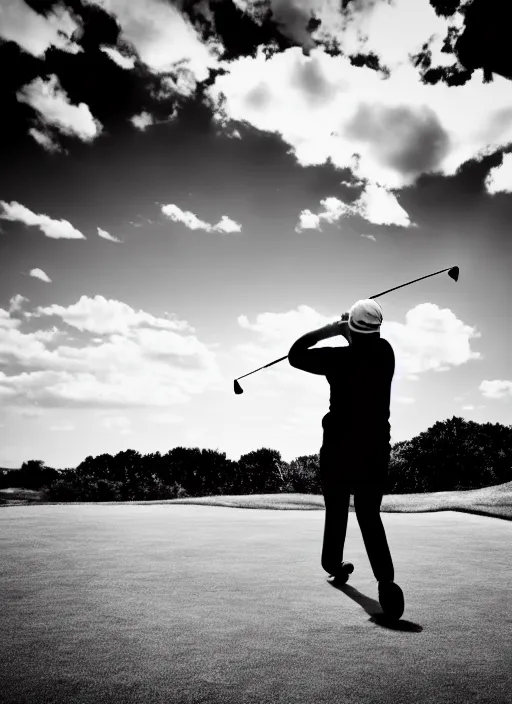 Prompt: golfing black and white portrait white sky in background