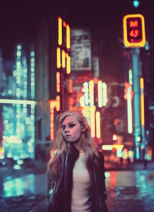 Image similar to A hyper realistic and detailed head portrait photography of a Rachael of Blade Runner on a futuristic street. by Cameron Hammond. Neo noir style. Cinematic. neon lights glow in the background. Cinestill 800T film. Lens flare. Helios 44m