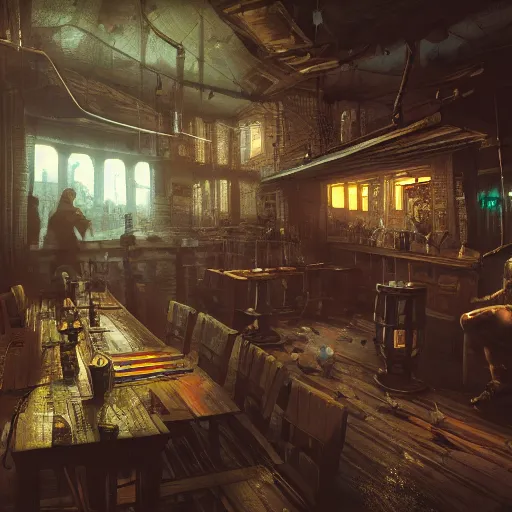 Image similar to ultra mega super hyper realistic Digital concept art of Cyberpunk tavern mixed with medieval style. Rendered in VRAY and DaVinci Resolve and MAXWELL and LUMION 3D, Volumetric natural light