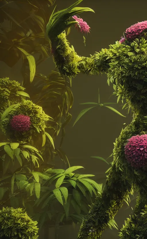 Image similar to a plant creature, foliage, plant filaments, flowers, humanoid shape, full body, photorealistic, 4 k, octane render, cinematic lighting, artistic photography, insanely detailed and intricate