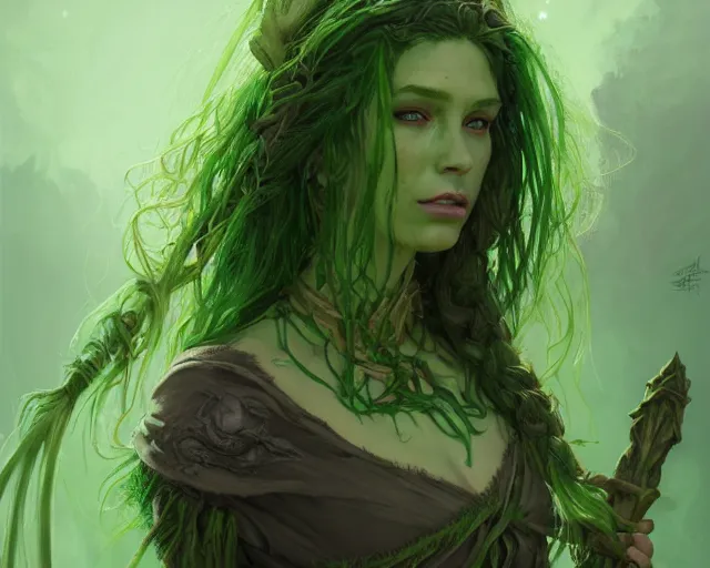 Image similar to portrait of a swamp witch, green skin, green hair, holding a caduceus staff, messy hair, d & d, fantasy, intricate, elegant, highly detailed, digital painting, artstation, concept art, matte, sharp, illustration, hearthstone, art by artgerm and greg rutkowski and alphonse mucha