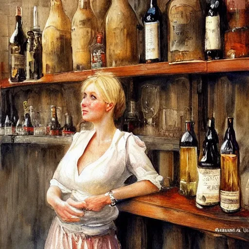 Image similar to hot blonde working in a wine cellar, food, pork, beer, schnapps, rustic, traditional, torches on the wall, watercolor by vladimir volegov and carl larsson