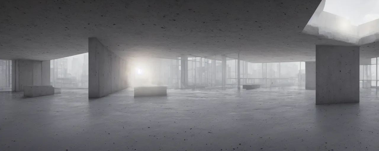 Image similar to White brutalist artistic art gallery with empty frames on the wall, stunning volumetric light, sunset, metal, concrete and translucent material, stunning lights, majestic architecture, trending on Artstation, 8k, photorealistic, hyper detailed, unreal engine 5, IMAX quality, cinematic, epic lighting, in the style of Greg Rutkowski