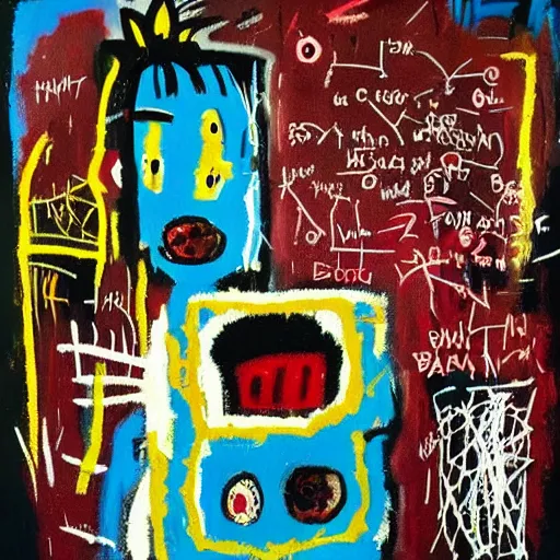 Prompt: “berries, diamonds, pigs, weeds, bagels, emo catgirl, Acrylic and spray paint and oilstick on canvas by Jean-Michel Basquiat”