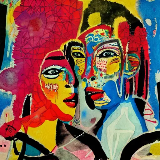 Image similar to watercolor painting of two bizarre psychedelic women kissing in japan in winter, speculative evolution, mixed media collage by basquiat and jackson pollock, maximalist magazine collage art, sapphic art, psychedelic illustration