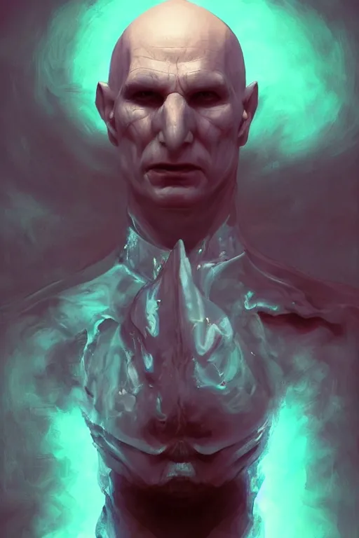 Image similar to Lord Voldemort without nose in cyberpunk, neon lighting, digital art from artstation by Ruan Jia and Mandy Jurgens and Artgerm and william-adolphe bouguereau and Greg Rutkowski and Wayne Barlowe