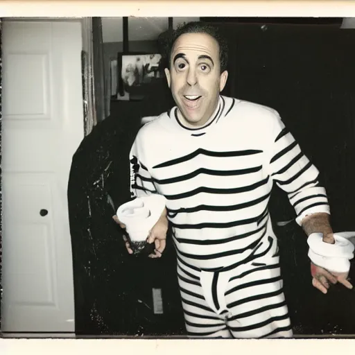 Prompt: jerry seinfeld dressed as a bee, halloween party, polaroid