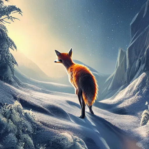 Image similar to alien ice fox walking through mountains, amazing landscape, 8k, digital art