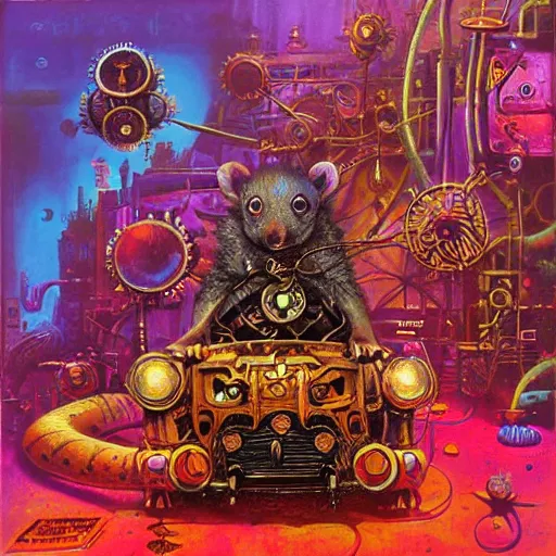 Image similar to steampunk rat, acid, 303, psychedelic, by paul lehr, cd cover for psytrance artist