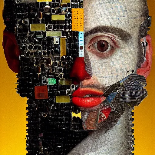 Image similar to portrait photo of a man made from computer parts, Perfect face, extremely high details, realistic, by Giuseppe Arcimboldo, Edward Hopper, Rene Margitte