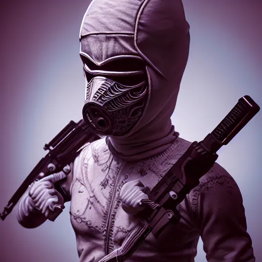 Image similar to cupid wearing balaclava mask, holding a gun an ultrafine hyperdetailed illustration by kim jung gi, irakli nadar, intricate linework, neon wiring, porcelain skin, unreal engine 5 highly rendered, global illumination, radiant light, detailed and intricate environment h 6 4 0