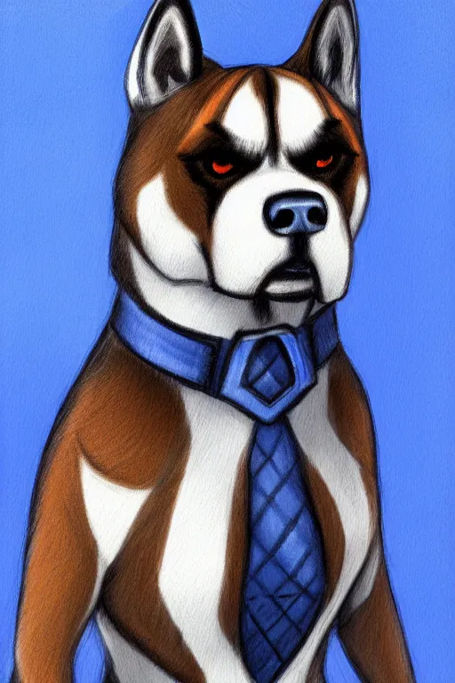 Image similar to a character design of a husky boxer in blue vest, portrait painting, anime, humanoid, anthropomorphic, personify, furry