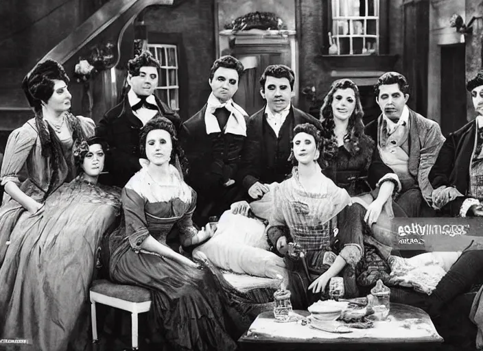 Image similar to a daguerrotype of a film still of friends sitcom in 1 8 0 0 s, vintage
