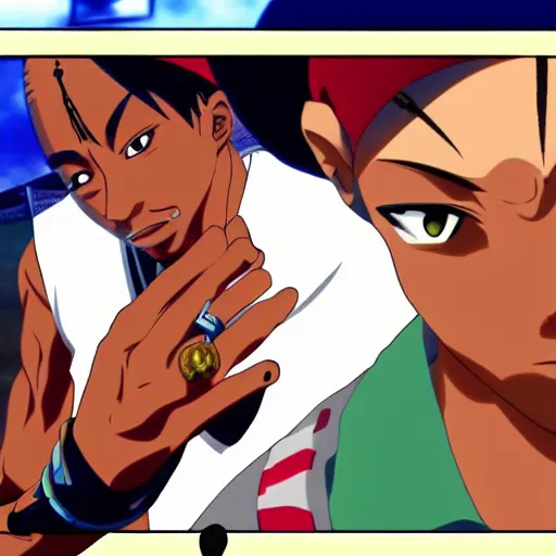 Image similar to Tupac Shakur, screenshot from a 2012s anime