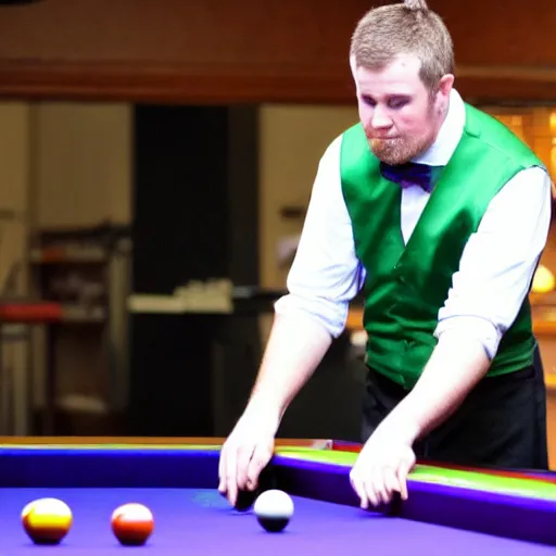 Prompt: snooker player Doug Mountjoy potting an onion in the middle pocket of a snooker table