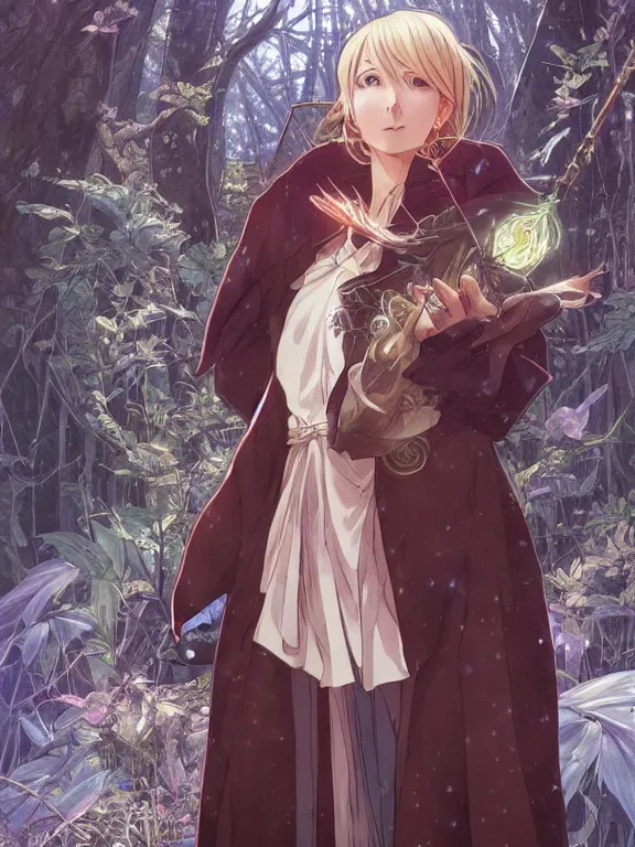 Image similar to anime key visual of writer jk rowling the enchantress with her back to the camera wears harry potter wizard clothes!! intricate, magical forest, stunning, highly detailed, digital painting, artstation, smooth, hard focus, illustration, art by artgerm and greg rutkowski and alphonse mucha