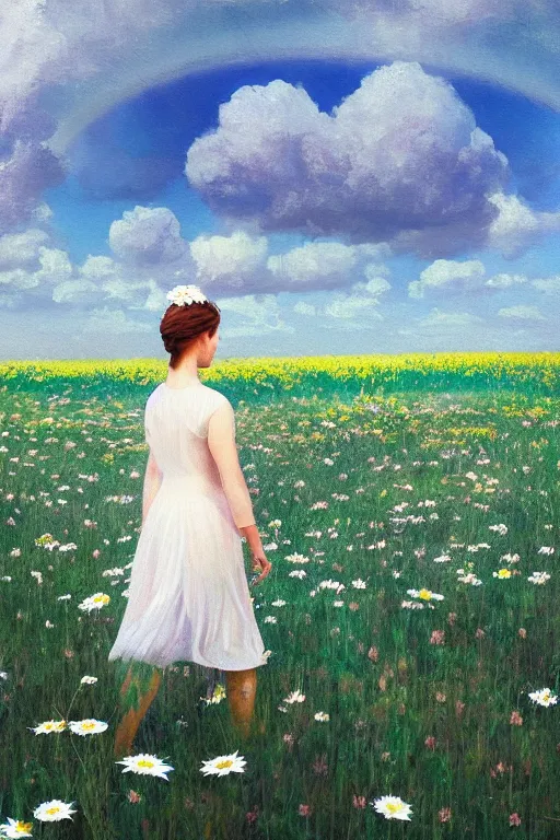 Image similar to white daisy flowers as head veil, girl walking in a flower field, surreal photography, sunrise, dramatic light, impressionist painting, colorful clouds, digital painting, artstation, simon stalenhag