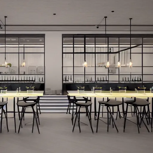 Prompt: interior design of a restaurant, photorealist, modern minimal style, vivid lighting, 4 k