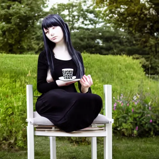 Image similar to A pale skin, long black hair, grey eyes girl wearing a black dress, sitting on a chair in the middle of a garden and holding a tea cup, anime style