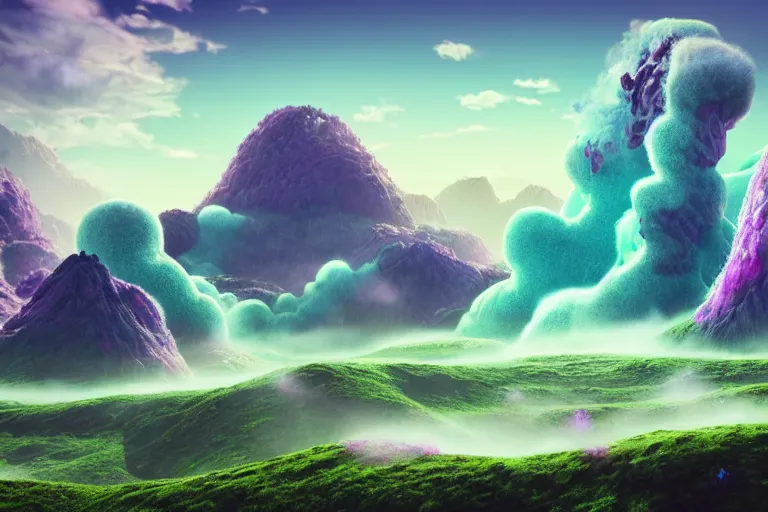 Image similar to a psychedelic realm with rolling plains made out of clouds, mountains made out of icebergs, and plant life made out of cotton candy, in the style of wlop and namek, illustration, epic, fantasy, hyper detailed, smooth, unreal engine, sharp focus, ray tracing