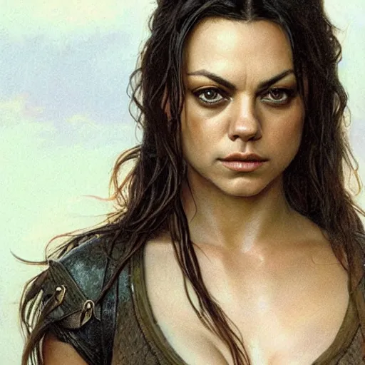 Prompt: mila kunis as aragorn by alan lee, leather armor, golden hour, concept art, detailed clothing, art station, oil painting, art by artgerm and greg rutkowski and alphonse mucha