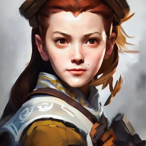 Prompt: greg manchess portrait painting of a aloy as overwatch character, medium shot, asymmetrical, profile picture, organic painting, sunny day, matte painting, bold shapes, hard edges, street art, trending on artstation, by huang guangjian and gil elvgren and sachin teng