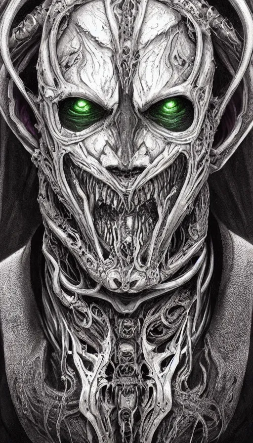 Prompt: Elden Ring and Doom themed painting of satanic demon hybrid cyborg beautiful angellic symmetrical face mask tattoo pattern concept, infinity glyph, intricate artwork by, Johnatan Wayshak, Zdizslaw Beksinski, face by Artgerm, H.R. Giger, very coherent artwork, cinematic, hyper realism, high detail, octane render, unreal engine, 8k, High contrast, golden ratio, trending on cgsociety, higly detailed black ink outline, crosshatch sketch gradient, ultra high quality model, production quality cinema model