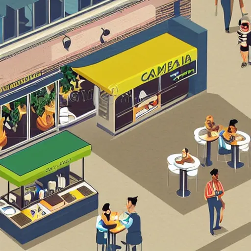 Image similar to cafe serves cannabis to its customers in australia, isometric illustration fun style hyperrealistic render in pixar, by darwyn cooke