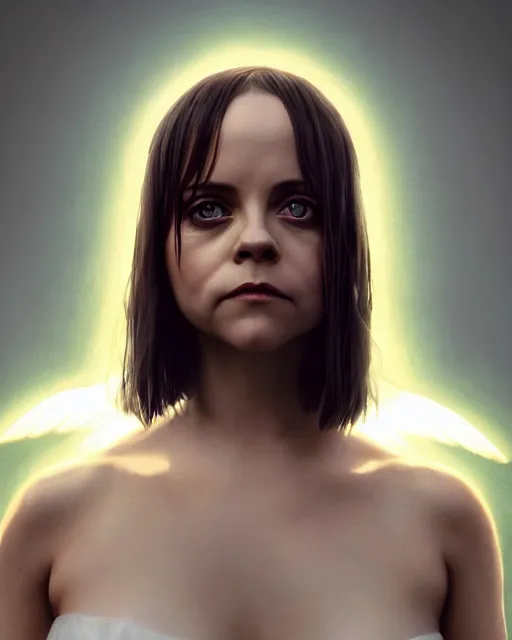 Image similar to Full body potrait of christina Ricci as an angel, hyper realistic, prismatic highlights, atmosphere, gorgeous, depth of field, cinematic, macro, concept art, 50mm, artstation, wlop, elegant, epic, weta digital, focus, octane render, v-ray, 8k, kodak portra, art by Liberatore