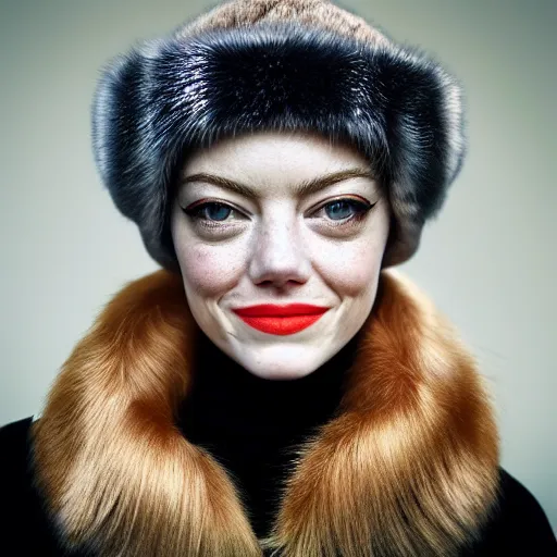 Image similar to closeup portrait of emma stone wearing ushanka, winter, painted by ron arad and steve argyle, blonde hair, cinematic