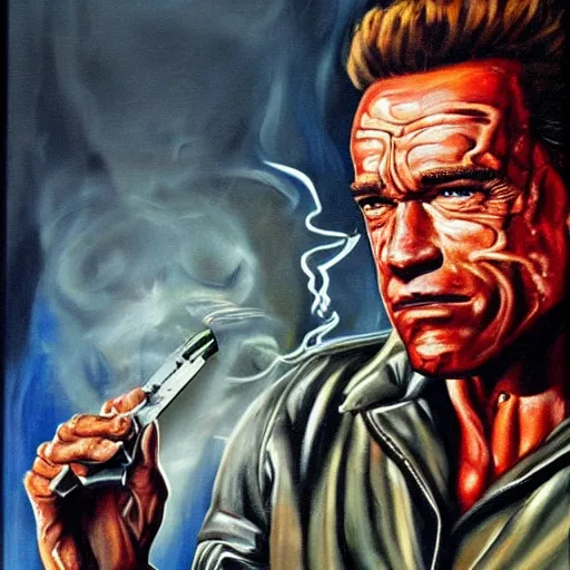 Image similar to A painting Arnold Schwarzenegger from terminator 1984 riding a skateboard smoking cigar, gloomy, action, ambient lighting,