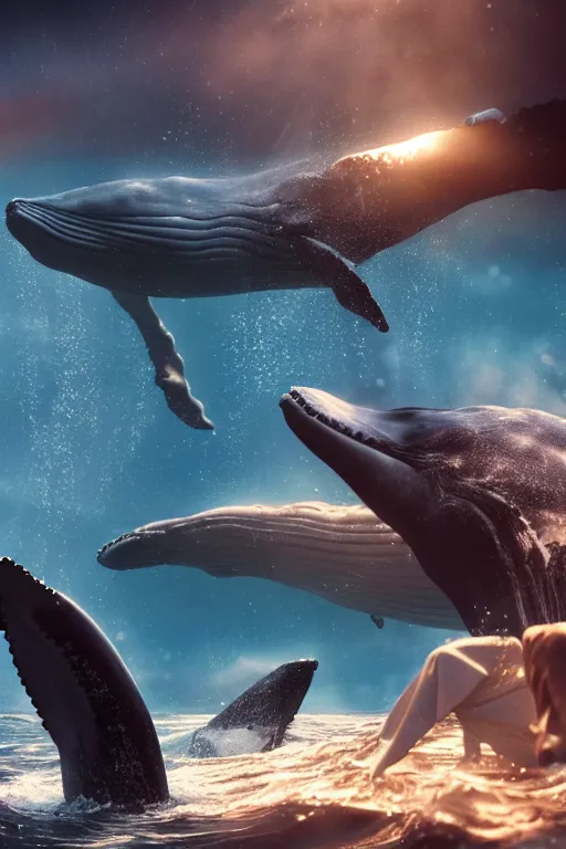 Image similar to whales are speaking on the phones, hypermaximalistic, high details, cinematic, 8k resolution, beautiful detailed, insanely intricate details, artstation trending, octane render, unreal engine