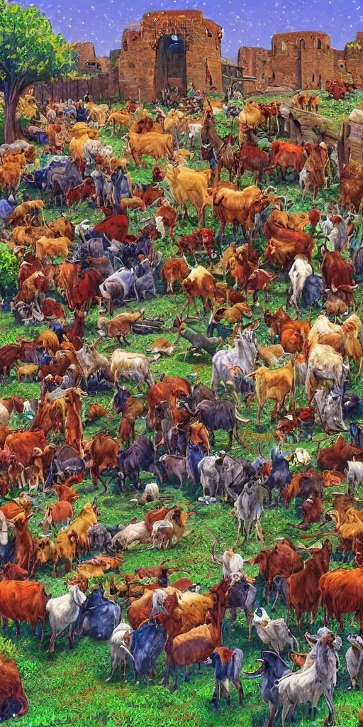 Image similar to a herd of goats in a tall citadel, colorful, beautiful, highly detailed digital painting