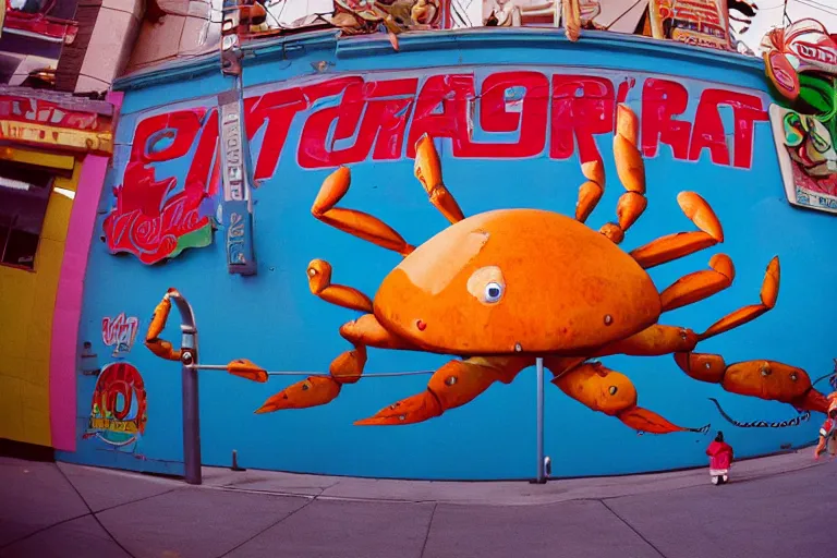 Image similar to 2 0 1 5 cute giant crab terrorizing a city, googie city, americana, fishcore, hd 8 k, photography cinestill