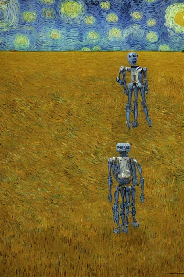 Prompt: concept art of the back view of one humanoid robot on the ground, many distant big tall buildings far away, vast wheat fields, by van gogh, godrays, atmospheric, cinematic, distant world, wide angle, detailed